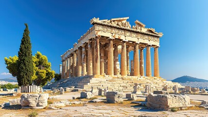 Fototapeta premium The Parthenon stands majestically against a bright blue sky, showcasing ancient Greek architecture and historical significance.