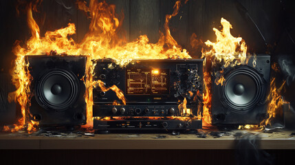Vintage Stereo System Engulfed in Flames – Photorealistic Fire and Smoke Scene