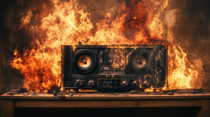Vintage Stereo System Engulfed in Flames – Photorealistic Fire and Smoke Scene