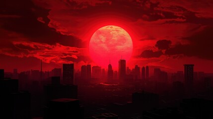 A dramatic city skyline at sunset with a large red moon casting an eerie glow over the silhouette of the buildings.
