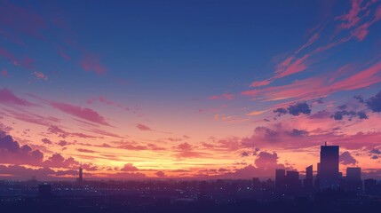 A beautiful sunset over a city skyline with a tall building in the foreground