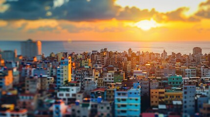 Fototapeta premium Lots of buildings, beautiful sky, sun, rainbow, sea.