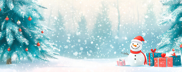 A snowman in a red hat sits with wrapped gifts in a snowy landscape with trees, creating a festive winter atmosphere