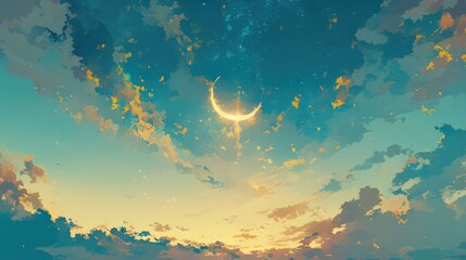 Fototapeta premium A beautiful blue sky with a large yellow crescent moon