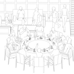 Outline of people sitting in restaurant on chairs and sofa from black lines isolated on white background. Restaurant interior. Isometric view. Vector illustration.