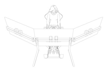 Outline of a girl sitting at a realistic gaming simulator with a steering wheel, pedals and three monitors made of black lines isolated on a white background. Front view. Vector illustration.