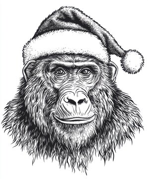 recommend clip art: Black and white Vintage engraved art of a baboon wearing a Christmas Santa hat, isolated on white background, ink sketch illustration, simple vector art design, highly detailed line art,