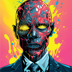 Stylized zombie bright art with abstraction colors. Zombie skull illustration with pop art paints. Halloween illustration terrible zombies, death, evil, fear, necropolis art. Zombie print on fabric.
