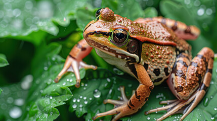 Obraz premium Close-up of colorful frog on wet leaves.