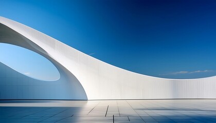 A minimalist, modern architectural scene with a curved wall on the right, forming sharp lines and geometric shapes in white against a blue sky. Smooth curves and subtle.
