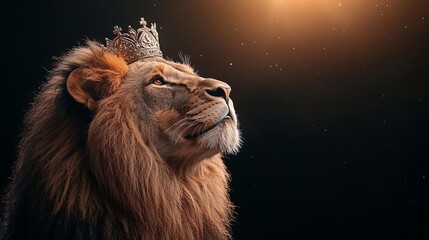 A majestic lion wearing a crown, symbolizing strength and royalty, set against a dark background with soft lighting.