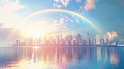 Fototapeta premium Lots of buildings, beautiful sky, sun, rainbow, sea.
