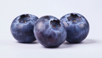 Obraz premium Three plump blueberries on a white background