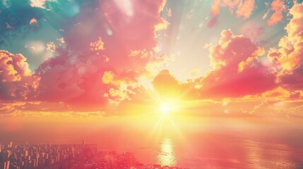 Naklejka premium Lots of buildings, beautiful sky, sun, rainbow, sea.