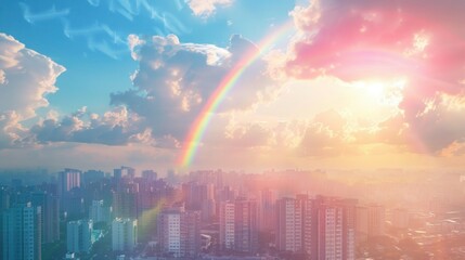 Lots of buildings, beautiful sky, sun, rainbow, sea.