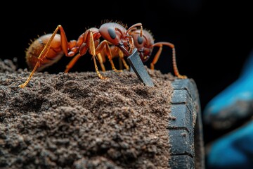 Fototapeta premium A close-up shot of a single ant carrying a small metal piece on a sandy area, emphasizing the ant's strength and determination, with a detailed background.