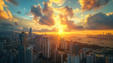 Obraz premium Lots of buildings, beautiful sky, sun, rainbow, sea.