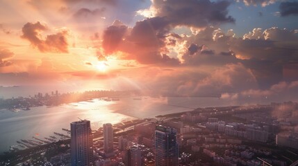 Lots of buildings, beautiful sky, sun, rainbow, sea.