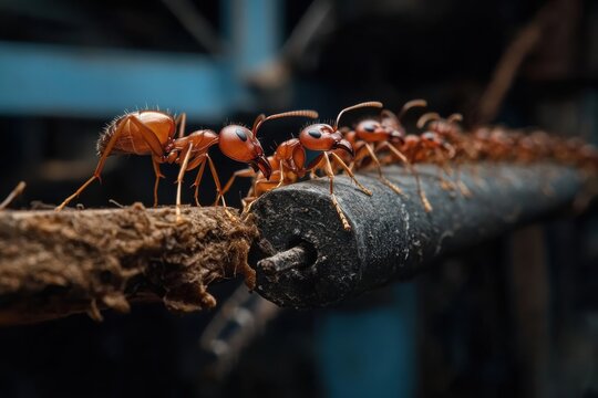 Detailed image of ants walking in a line along a rugged surface, depicting their collective movement and discipline, against a blurred industrial background.