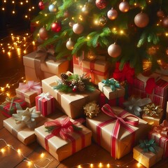 Beautifully Wrapped Holiday Gifts Under a Christmas Tree