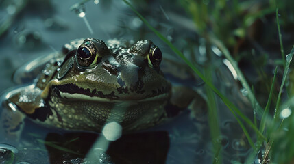 Obraz premium Close-up of colorful frog on wet leaves.