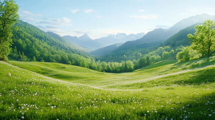 Obraz premium A serene, sunlit valley with lush green hills, dotted with wildflowers, set against a backdrop of distant mountains and a clear blue sky.