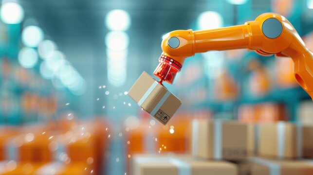 Close-up of a robotic arm sorting packages in a high-tech distribution center, illustrating automation in supply chain logistics.