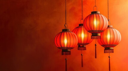 Red lanterns hang from the ceiling on a red background