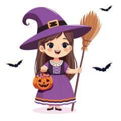 Cute girl in witch costume with broom and pumpkin basket with candies. Cartoon character for Happy Halloween on white background. Vector Illustration in flat cartoon style