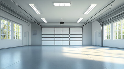 Obraz premium A realistic image of a spacious, empty garage with a clean, open layout. There are no vehicles or items inside. 