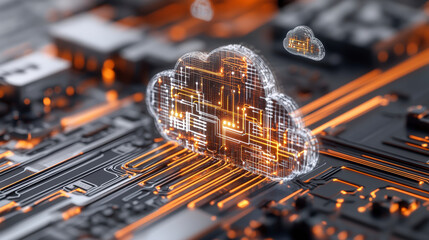 A glowing digital cloud icon hovers above intricate circuitry, symbolizing cloud computing and data integration in modern technology.