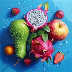 Draw photorealistic fruits, exactly as they should be. Such fruits: like dragon fruit, red apples, green pears. background color is blue, fresh juicy fruits, droplets of water on them generative ai