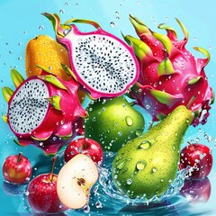 Draw photorealistic fruits, exactly as they should be. Such fruits: like dragon fruit, red apples, green pears. background color is blue, fresh juicy fruits, droplets of water on them generative ai