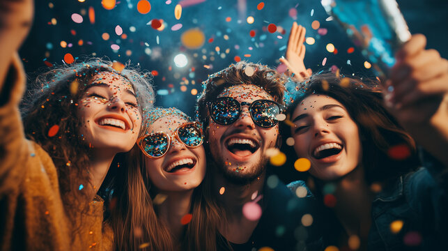 young adult friends on new year party with confetti