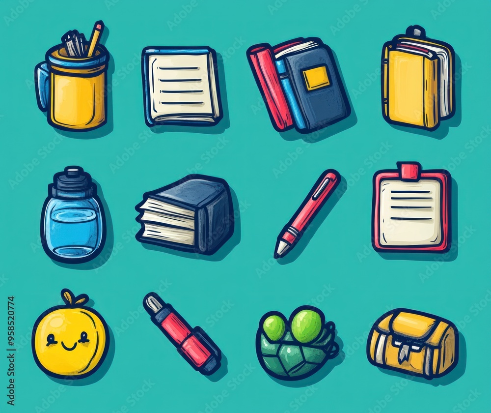 Poster Cartoon Illustrations of School Supplies