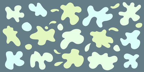 Set of organic irregular green blob shapes. Random deform spot fluid circle Isolated on gray background. Organic amoeba Doodle drops Retro vector elements. Abstract rounded forms Vector illustration