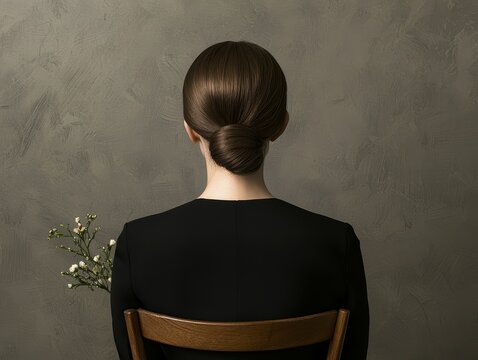 Rear view of a woman with a sleek bun, seated gracefully on a pedestal, emphasizing modern elegance and symmetry