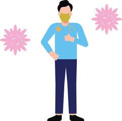 The doctor is standing wearing a mask.