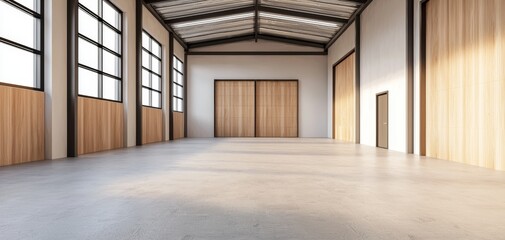 Obraz premium Spacious industrial facility, clean lines and large entryways, 3D illustration