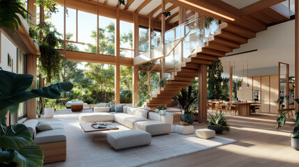 Fototapeta premium A bright, open-concept living and dining space with a modern staircase, filled with sunlight and lush greenery, creating a serene, natural ambiance.