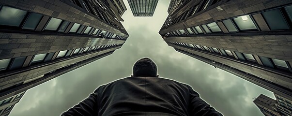 A person gazes upwards between towering buildings, capturing a sense of awe and ambition against a dramatic cloudy sky.