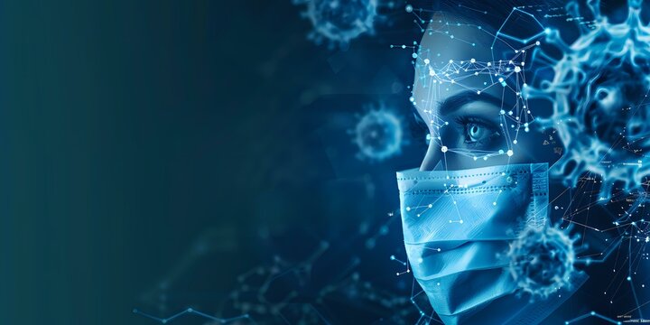 A futuristic digital illustration of a woman wearing a face mask, surrounded by virus cells and data visuals. Perfect for health, technology, medical advancements, or pandemic-related themes.