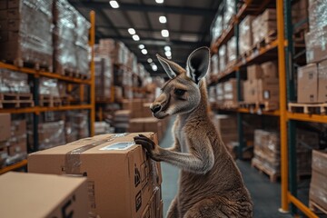 A kangaroo stands in a well-organized warehouse, interacting with a cardboard box. Shelves filled with multiple packages are visible in the background, representing logistics.