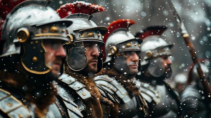 Photo of a realistic Roman soldier in armor under the snow. Biblical characters. Historical characters.