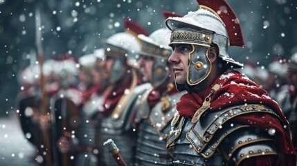 Photo of a realistic Roman soldier in armor under the snow. Biblical characters. Historical characters.