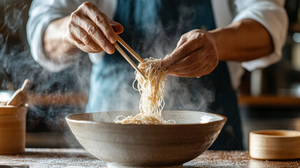 A chef expertly uses chopsticks to prepare a steaming bowl of noodles, showcasing culinary skills in a kitchen setting.