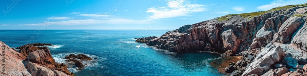 Poster A beautiful blue ocean with a rocky shoreline. The water is calm and the sky is clear