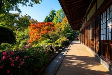 Serene garden pathway lined with vibrant flowers and autumn foliage, embodying tranquility and natural beauty.