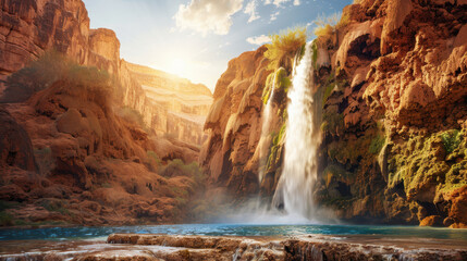 Desert waterfall cascading through red rock canyon.