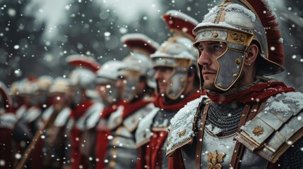 Photo of a realistic Roman soldier in armor under the snow. Biblical characters. Historical characters.